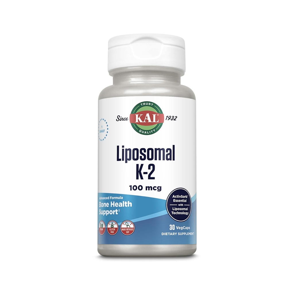 KAL liposomski vitamin K2 dodatek z MK7 100 μg - visoka absorpcija, liposomska tehnologija - Napredna podpora kosti - Vegan, Gluten brez, Made Without Soy, 30 Serving, 30 VegCaps