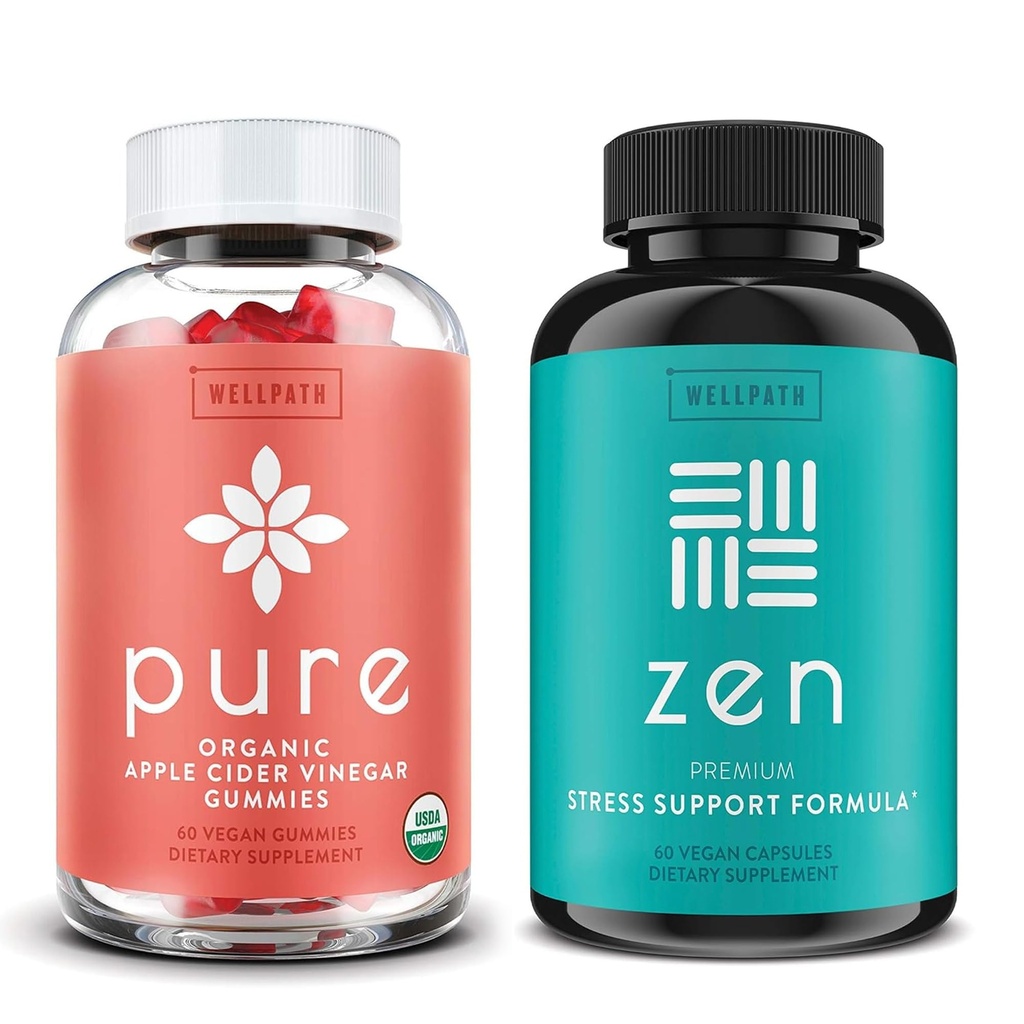 WellPath Pure Apple Cider Vinegar z mamo Gummies & Zen Mood podpora dopolnila Bundle - Detox & Calm Energy Kombinacija, Vegan, 60 Cts vsak