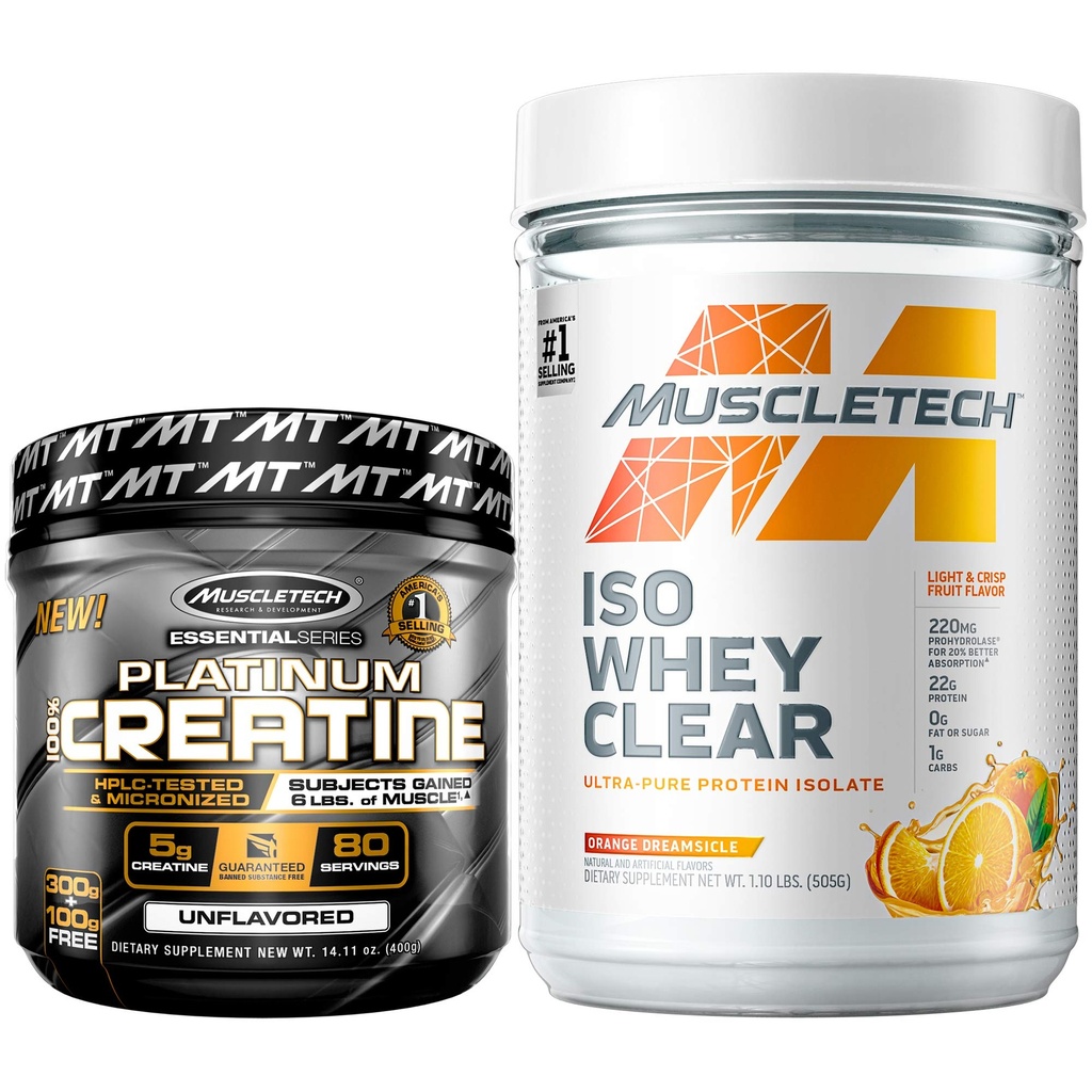 MuscleTech Kreatin + izolat sirotkinih beljakovin Bundle Platina Kreatin Iso Whey Clear, Oranžna