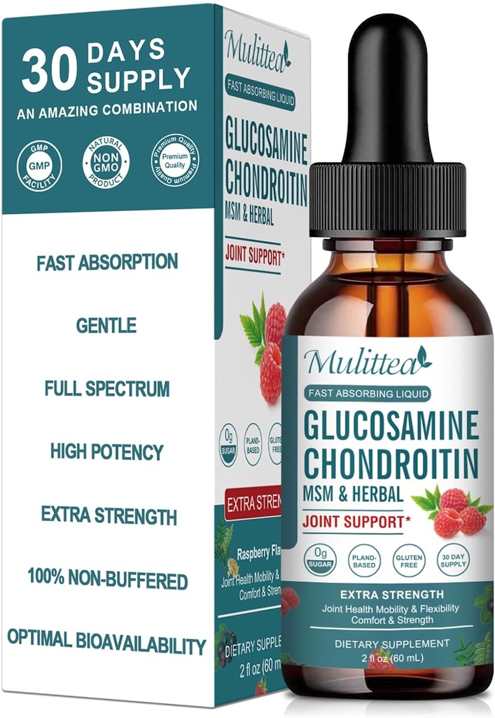 Glukozamin Chondroitin MSM tekoče kapljice-w/Elderberry, Boswelia &Hyaluronic Acid-Extra Jakost Skupni dodatek za mobilnost, prilagodljivost in kosti, Visoka absorpcija,60ml (2 fl oz)