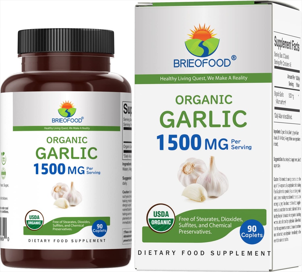 Brieofood Organic Česen 1500mg, 45 Serving, vegetarijanec, Gluten brez, 90 vegetarijanske tablete