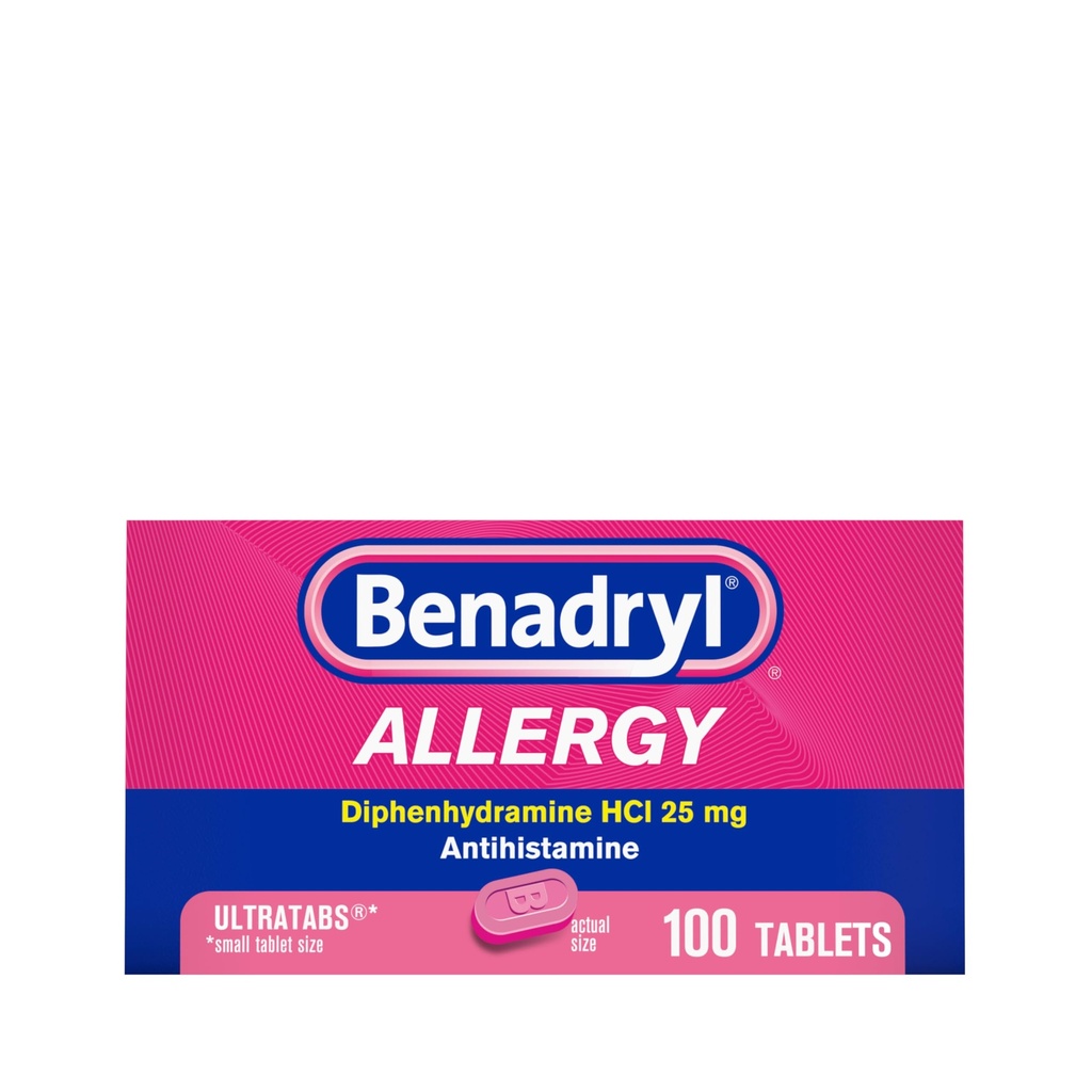 Benadryl Ultratabs Alergija Medicine, 25 mg Difenhidramin HCl Antihistaminiki Tablete za hladno in alergija Relief simptomov, kot so Sneesing, Runny Nose, Srbeče oči in grlo, Hay Fever, 100 Count Tablets
