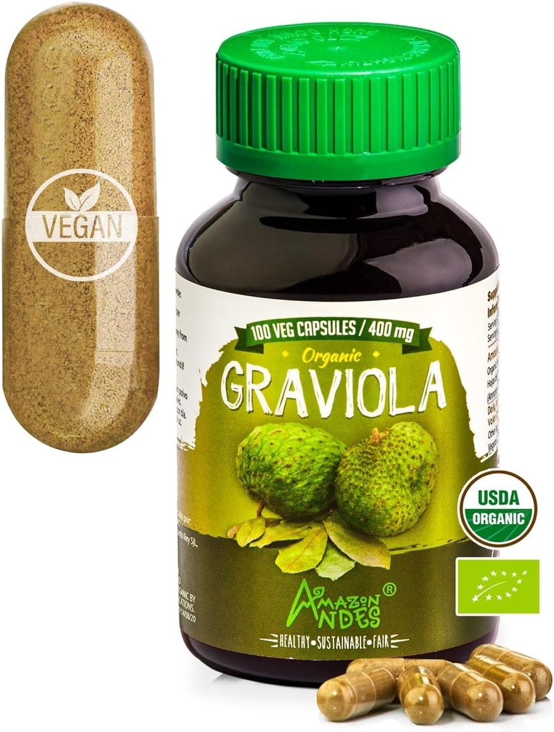 Andes Graviola Kapsule - bogata z vitaminom C & Fiber - Imunski sistem Stimulator - Zdrava celična funkcija - Vegan, Non GSO, Gluten-free, Fairtrade Certified - 100 Soursop tablete (400mg)