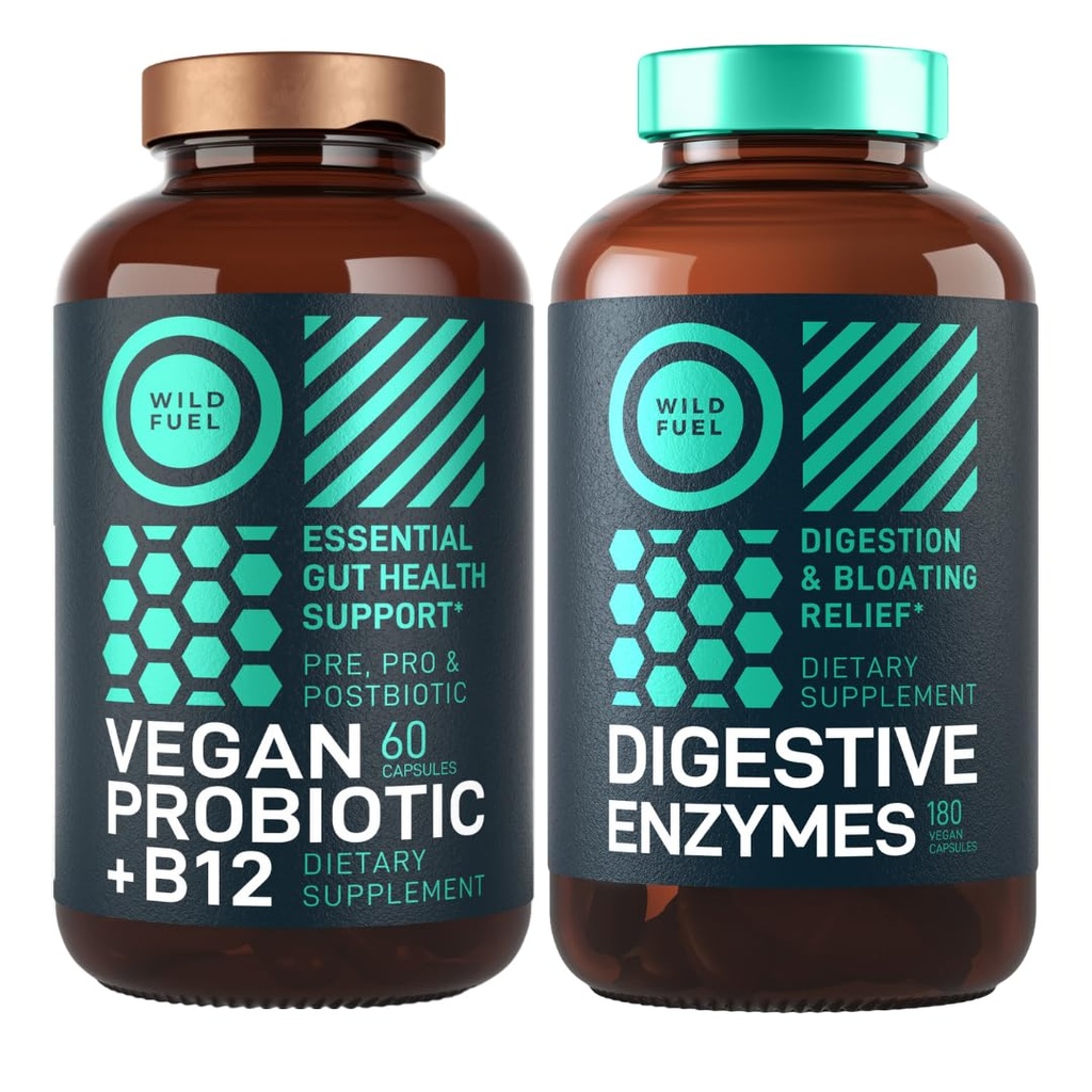 Prebavne encime s probiotiki in prebiotiki in veganski probiotik Plus B12 Izboljšane prebavne in Gut Health Bundle