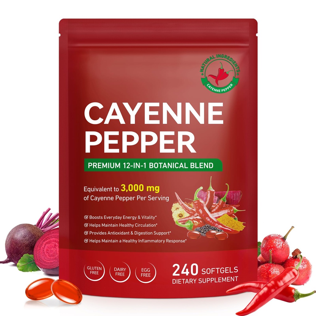 Cayenne Pepper Capsules, 12-in-1 Botanical Blend with Turmeric, Beetroot, Hawthorn, Grape Seed & Black Pepper, Supports Circulation, Energy & Digestion, 240 Softgels