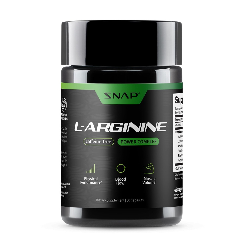 Snap dopolnila L Arginine kapsule - podpira naravno energijo, povečan pretok krvi in mišično rast in kardio zdravje, 60 vegetarijanske kapsule (30 obrokov, 1 mesec dobave)