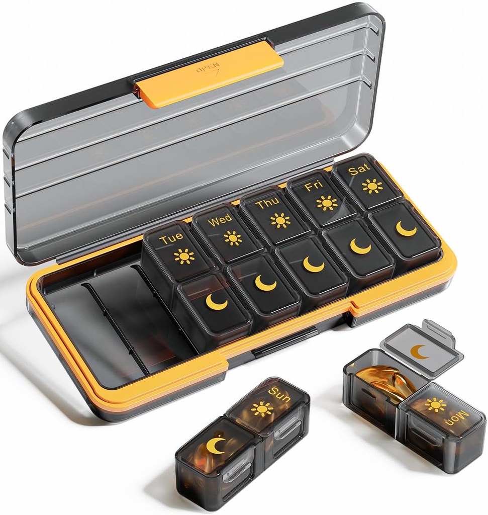 AM PM tablete Organizator 2 krat na dan, 7 dan tablete škatle teden tablete organizator potovanja z ločenim vsebnikom, Prenosno dnevno Medicine Planner Dispenser Primer za vitamine, ribje olje, dodatki (BlackGold)