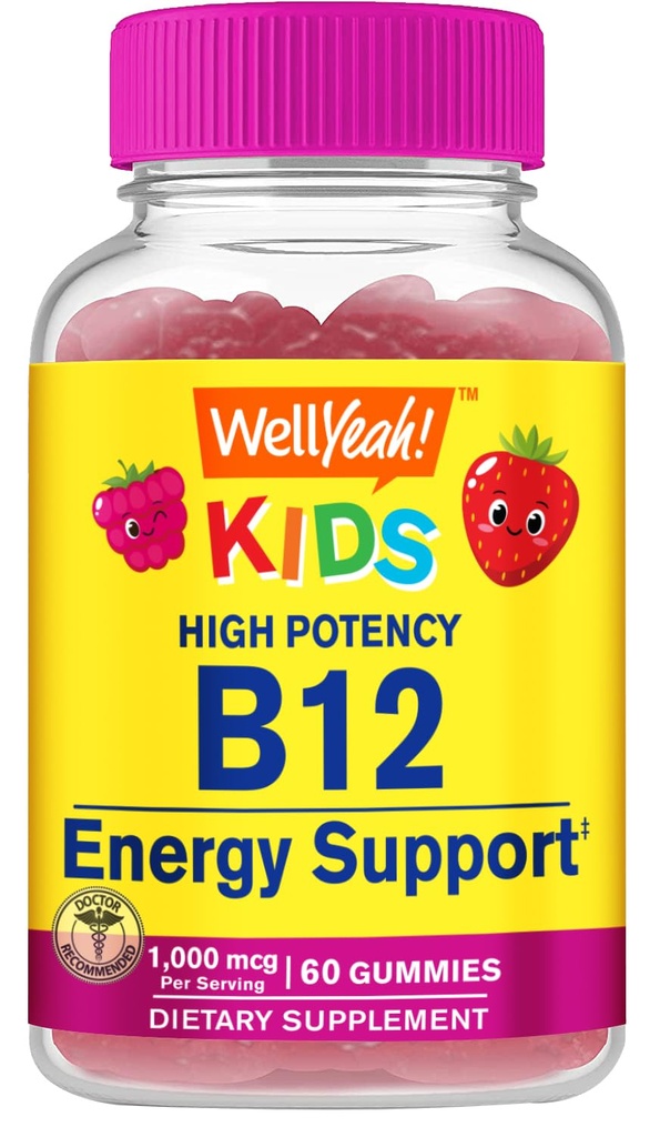 WellYeah Vitamin B12 Gummies za otroke - povečanje energije, izboljšanje delovanja možganov, in krepitev imunskega sistema - Non-GMO, Gluten-free - Velika okus Berry Flavor - Easy to Chew - 60 Gummies