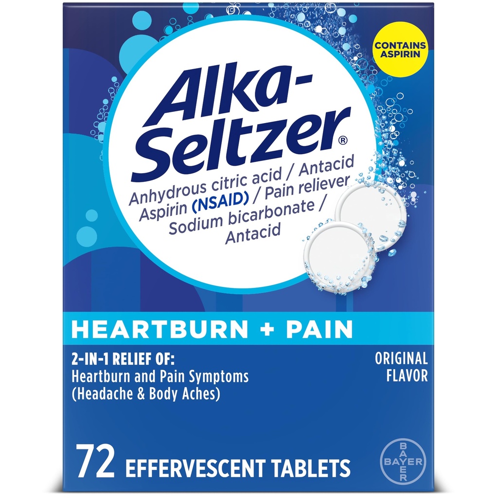 Alka- seltzerjeva zgaga + bolečina šumeče aspirin + antacidne tablete, hitra zgaga in motnje prebave kisline, lajšanje bolečine z aspirinom, 72 Ct