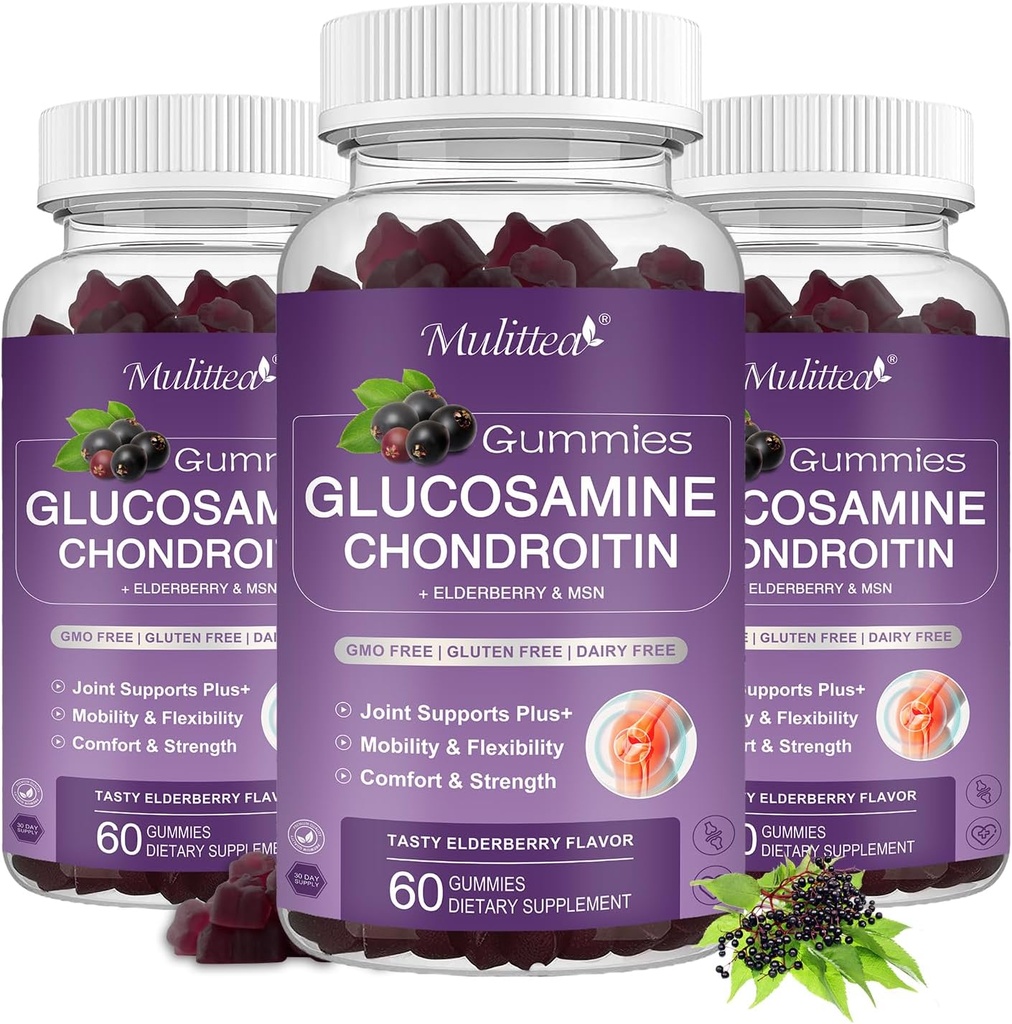 Mulittea Glukozamin Chondroitin Gumies - Dodatna podpora za skupno moč z MSM & Elderberry za naravne sklepe, antioksidant imunske podpore za odrasle, moške in ženske-(3 paket)