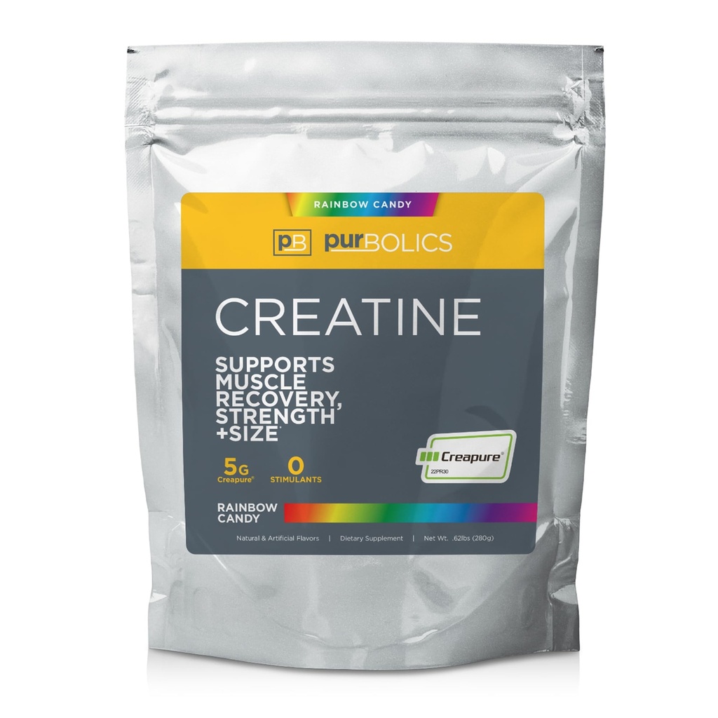 Purbolics Creapure Kreatin Monohidrat, mikroniziran kreatin 5g, Izboljšati vadbe in regeneracijo, Graditi moč, Izboljšati črpalke (50 Serving, Rainbow Candy)