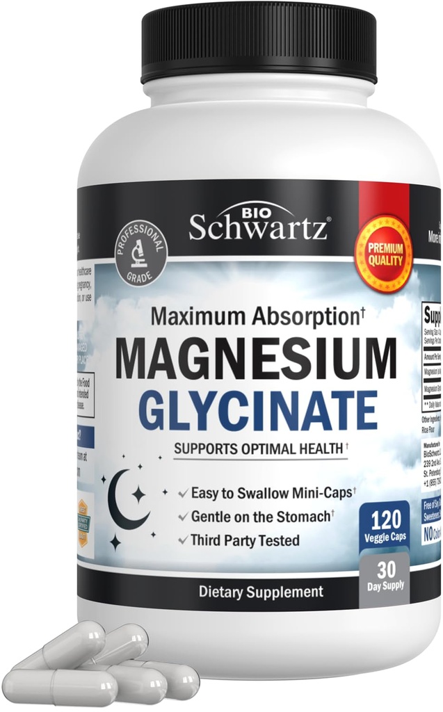 BioSchwartz Magnezij Glicinat 500 mg Kapsule (120 Mini kapice) Maksimalna absorpcija Magnezij dodatek za zdrave živce mišice Srčni razpoloženj in podporo za spanje (Vegan, Gluten-free, Ne-GMO)
