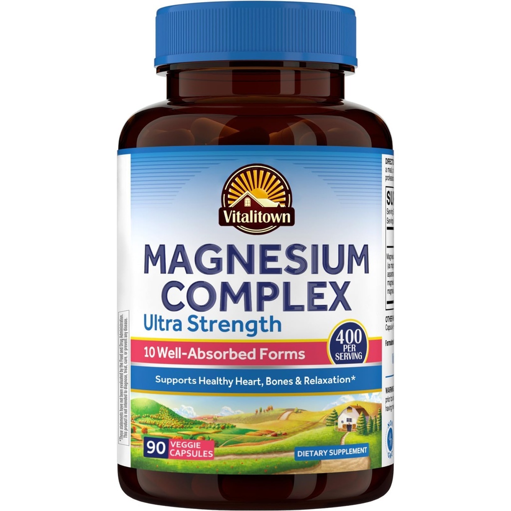 Vitalitown 10 v 1 Magnezijev kompleks dodatek - 400mg Elementarni magnezij klatiran z glicinatom, citratom, malatom, Taurat & več - za Spanje Heart Energy - Non-GMO, Vegan, 90 Caps