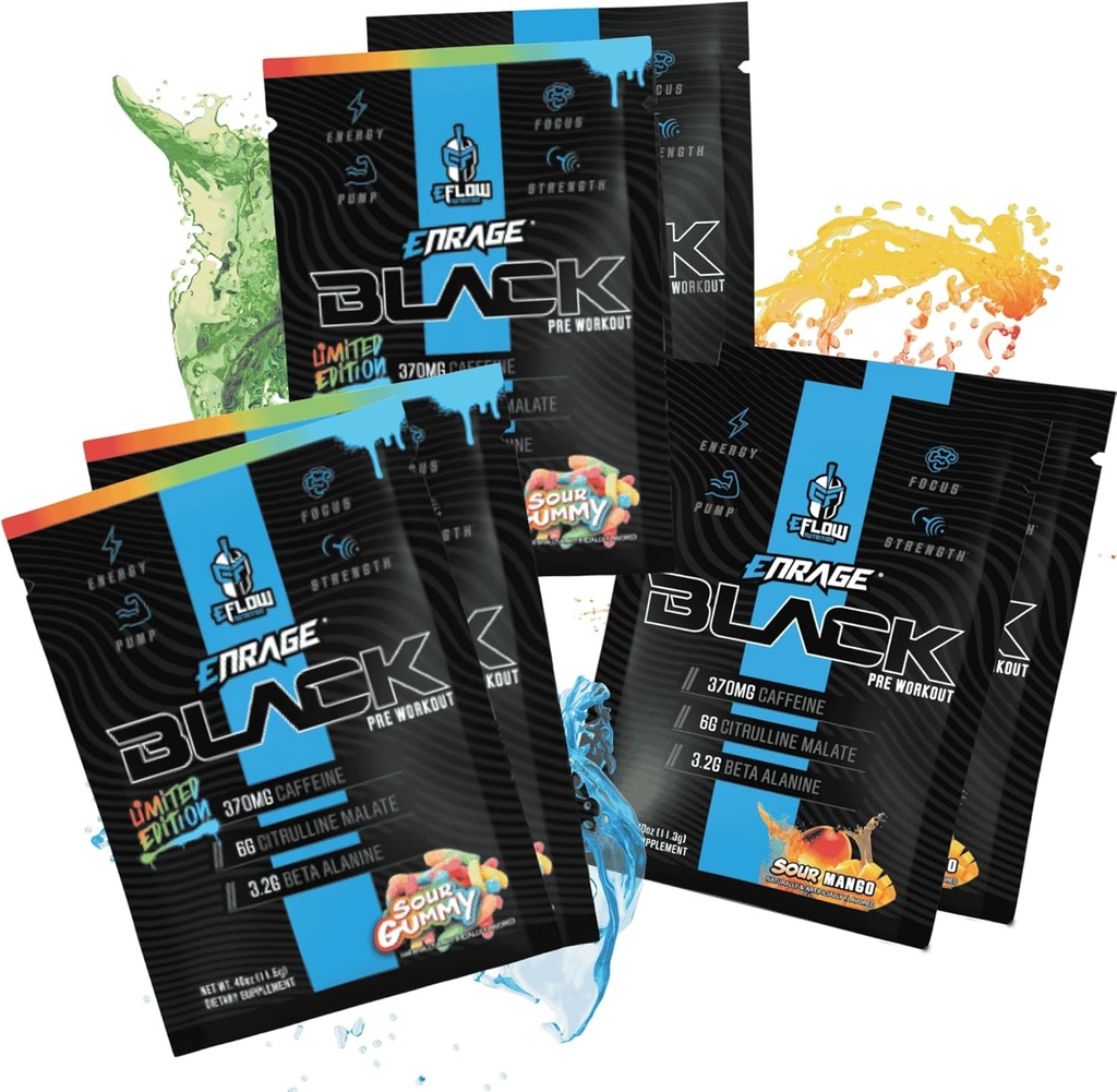 eFlow Nutrition ENRAGE črna preworkout vzorčna pakiranja - potovalna pakiranja - Visoka stim energija, črpalka, moč, vzdržljivost, fokus, nootropna formula - Sour Gummy & Sour Mango Flavor (6 paketov)