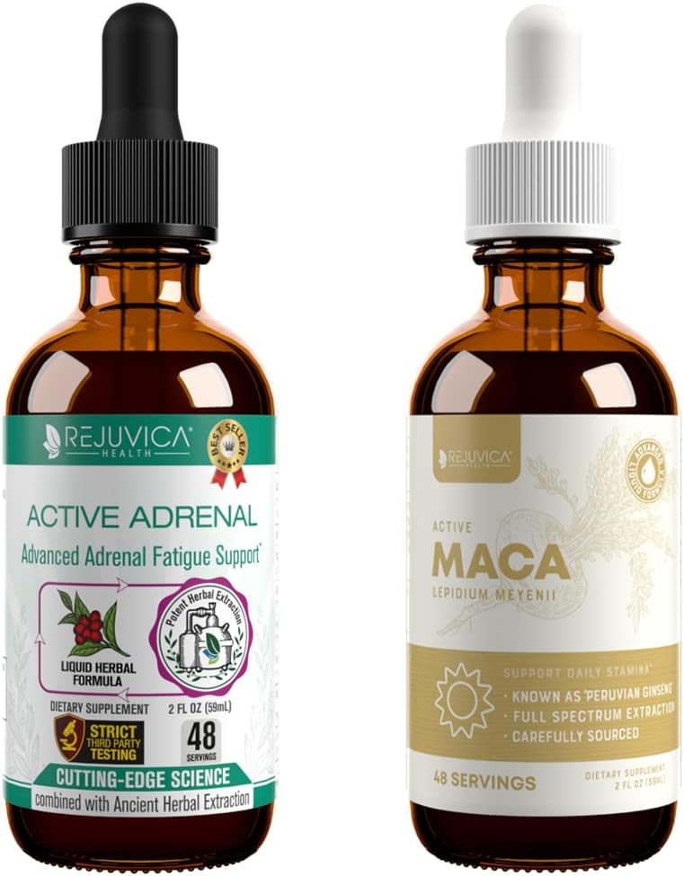 Rejuvica Zdravje Aktivni adrenal + Aktivni Maca - Podpora Energija + Stres - Tekoča dostava za boljšo absorpcijo - Rhodiola, Maca, Sveti Basil, Ashwagandha & More!