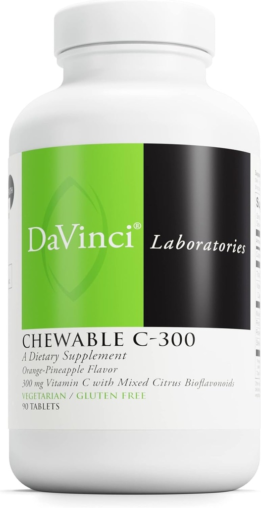 DaVinci Labs Žvečljivi C-300 - dodatek za podporo imunskega zdravja, holesterola in kolagen proizvodnje - z vitaminom C, pektin in več - Gluten-free - pomarančni Ananas aroma - 90 vegetarijanske tablete