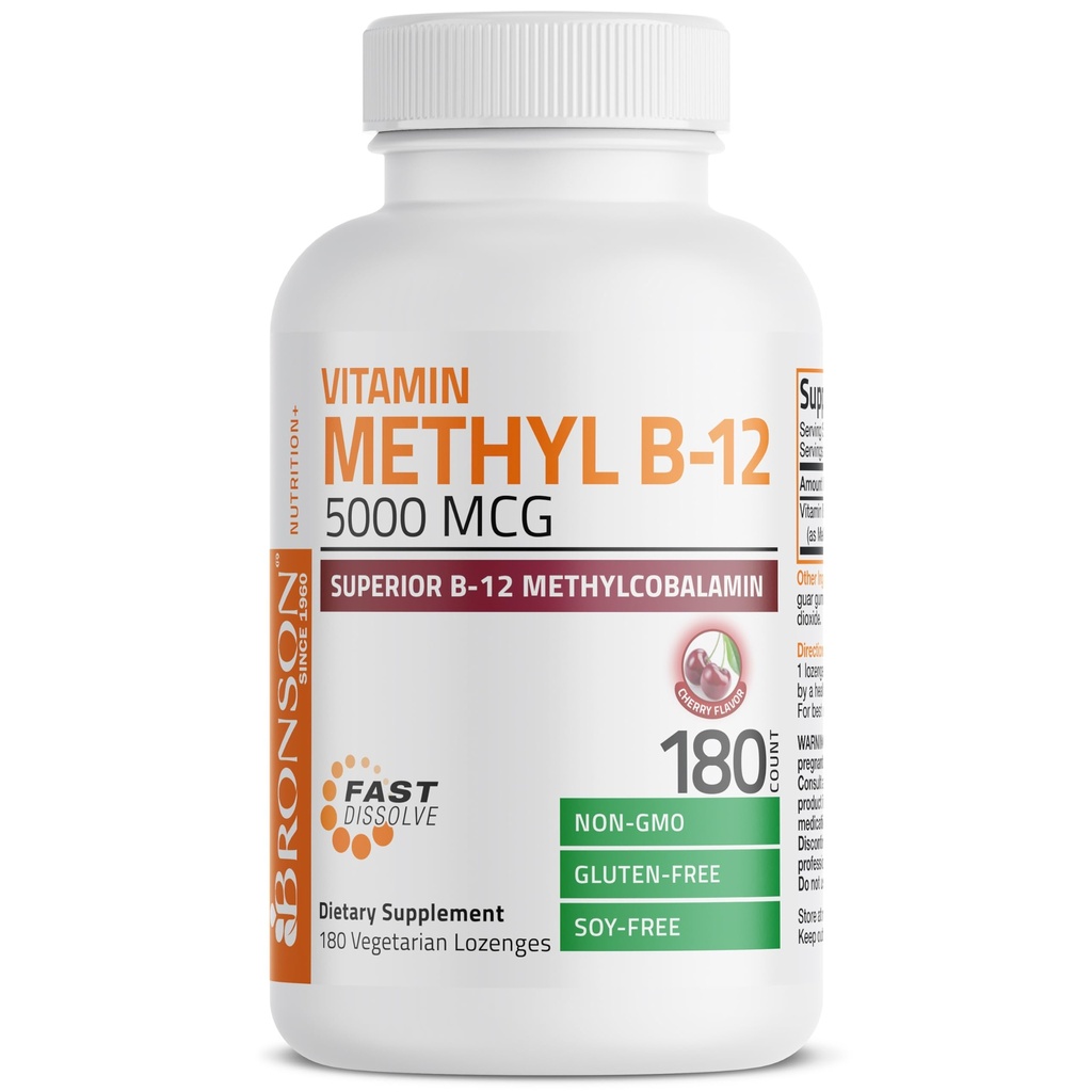 Bronson Metil B12 5000 mcg Vitamin B12 Metilkobalamin Energy & Brain Support, 180 Lozenges