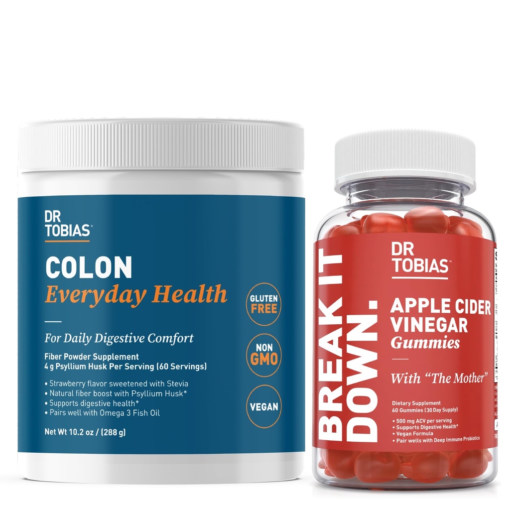Dr. Tobias Apple Cider Vinegar Gumies & Colon Vsakdanje zdravje - Dnevna digestiva, Detox in čiščenje Podpora z ACV Gumies & Psyllium Husk Powder