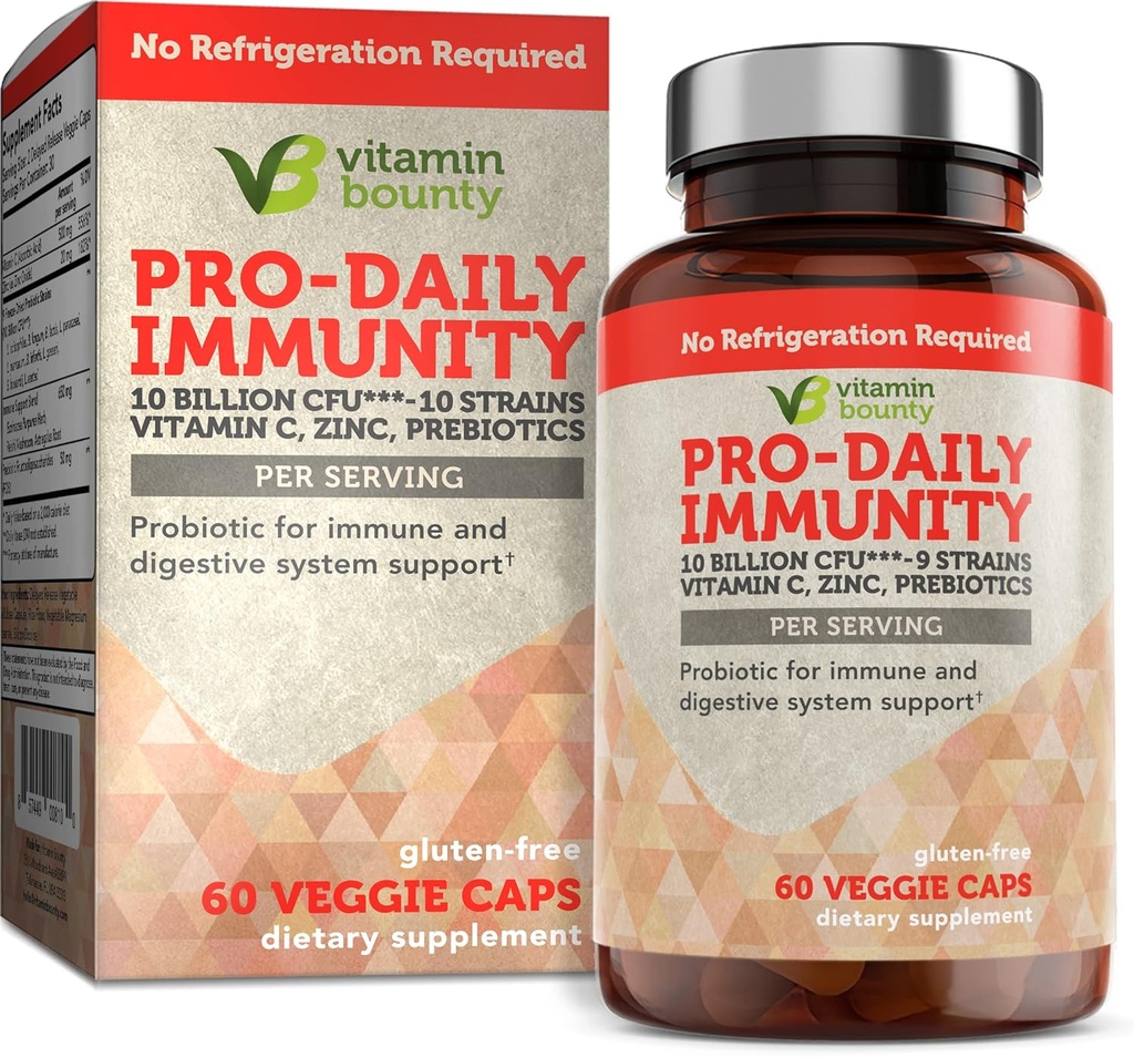 Vitamin Bounty Pro-Daily probiotic - 10 milijard CFU mešanice, cink in vitamin C za prebavno zdravje, imunosupresivno podporo Prebioitcs in probiotiki za ženske in moške - 60 kapsul
