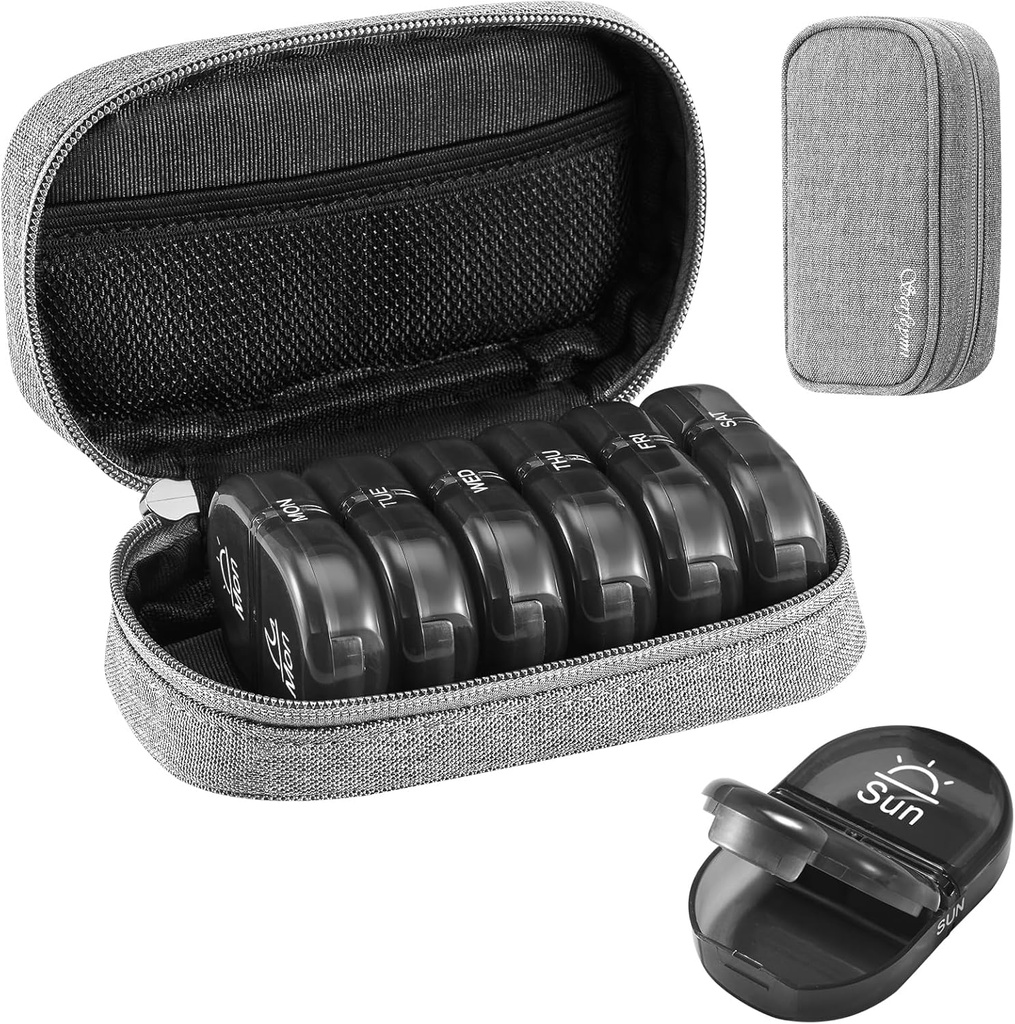 Serfeymi Tedenska potovalna tabletka Organizator 2 krat na dan AM PM Nadgrajen črne tablete Box 7 dan s prenosljivim Zipper Canvas primera, Medicine Organizator za tablete, Vitamini, Dodatki, Ribja olja - Siva 01