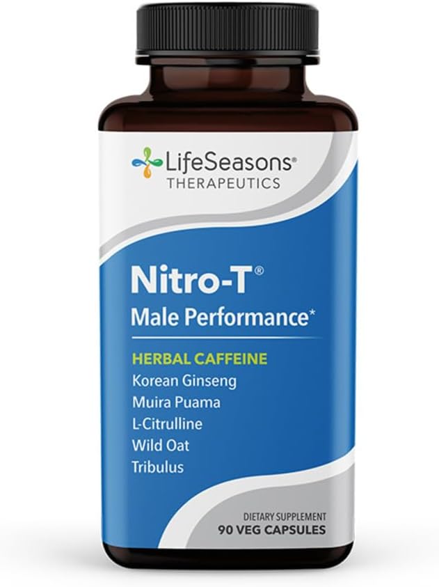 LifeSeasons Nitro-T - Men's Performance Support Supplement - izboljšanje Stamina & Energy - Spodbujanje zdrave krvne cirkulacije - L-Citrulin L-Theanine Tribulus Ginger Kava & Caffeine - 90 kapsul