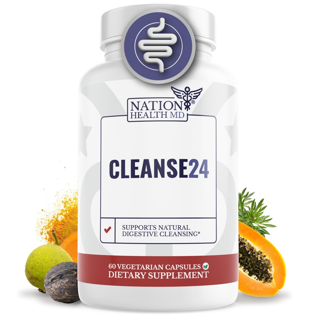 Cleanse24 - Črevesno čiščenje za ljudi z Wormwoodom, Papaya, Black Walnut - Zeliščno črevesno čiščenje, čiščenje za moške in ženske, 60 kapsul