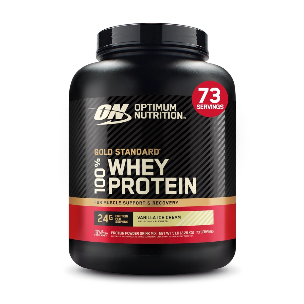 Optimum Nutrition Gold Standard 100% Whey Protein Powder, Vanilla Ice Cream, 5 funtov (Package May Vary)