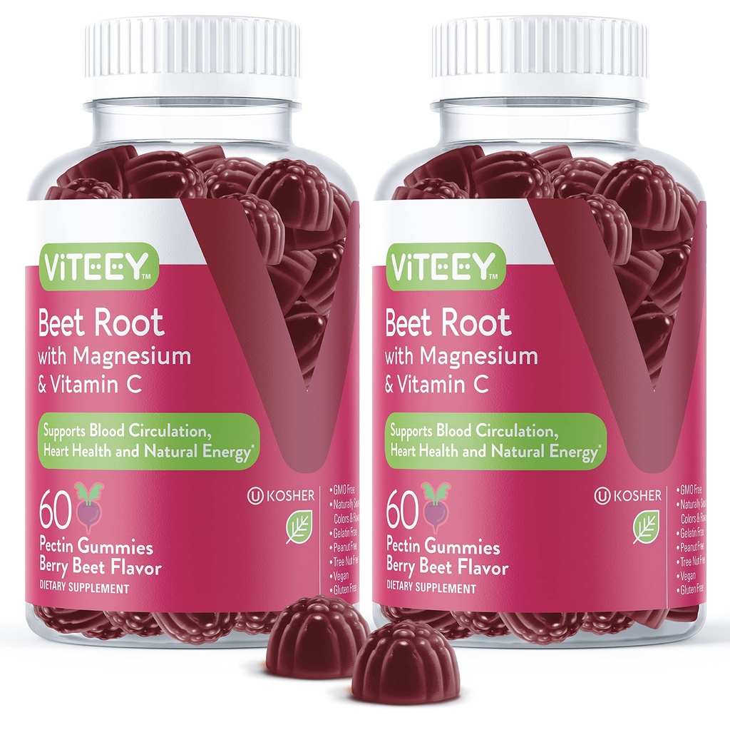 Viteey beet korenske žvečilke z magnezijem in vitaminom C - Peso koren dopolnilo za zdravje srca, podpora krvnega tlaka - Vegan, Gluten-free - 120 Count