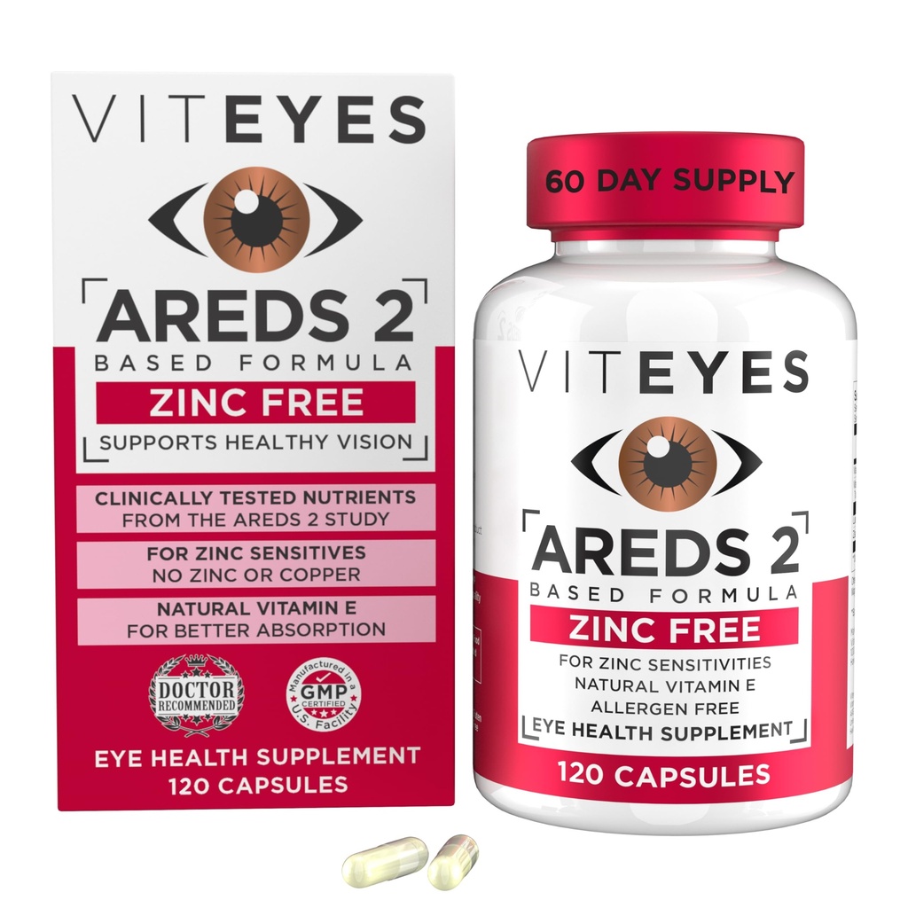 Viteyes AREDS 2 Cink brezplačno Makularna podpora, naravni alergen brez kapsule z vitaminom E, vitamin C, lutein & Zeaksantin, brez cinka, brez bakra, oči zdravnik zaupanja, proizveden v ZDA, 120 Ct