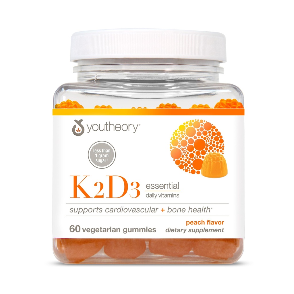 Youteory K2D3 - Podpora za zdravje kosti in srca* - Kombinira vitamin D3 & vitamin K2 - mlečni izdelki, soja in gluten - breskev, 60 vegetarijanskih jagod