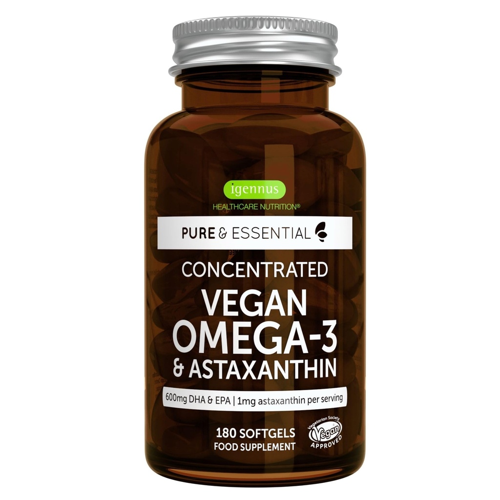 Igennus Vegan Omega-3 Natural Triglicerid Algae Oil, DHA & EPA Maščobne kisline dodatek, 180 Majhni softgels z astaksantin, Easy-to-Swallow, Pure & Sustainable, 90 Servings