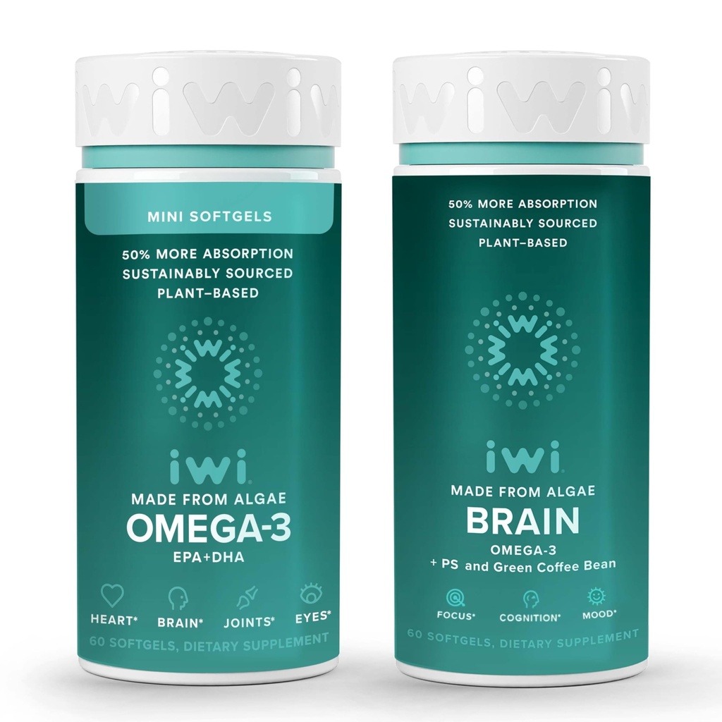 Iwi Omega-3 Minis & Brain Omega-3 Bundle, 30 Servings, Vegan rastlin-based Algae Omega 3 z EPA + DHA, Krill & ribje olje Alternative, Brez ribjega pookusa