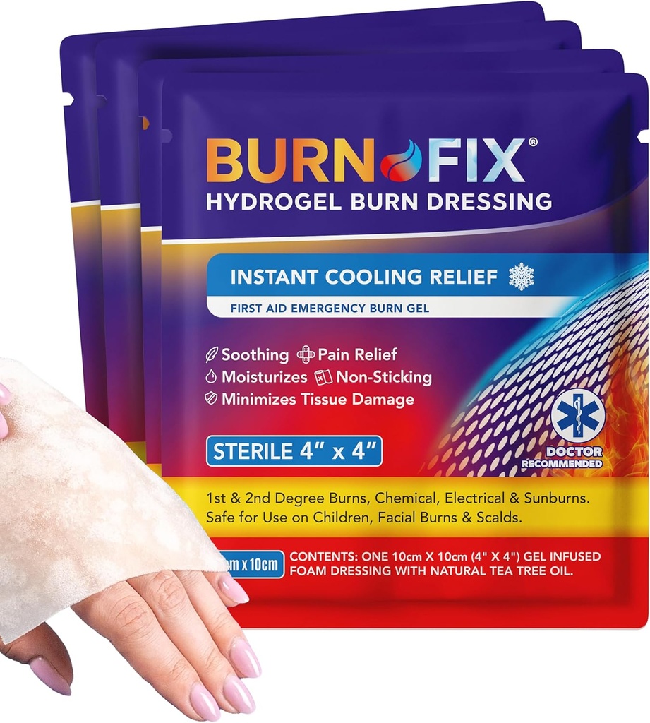 BurnFix® - 4 Pack-burn gel obleko 4 x 4" Burn Care krema prva pomoč zdravljenje. Takojšnja bolečina Relief Hydrogel Burn Oblačenje za 1., 2. stopnje opekline, Razor & sončne opekline za dom, delo, ogenj, EMS