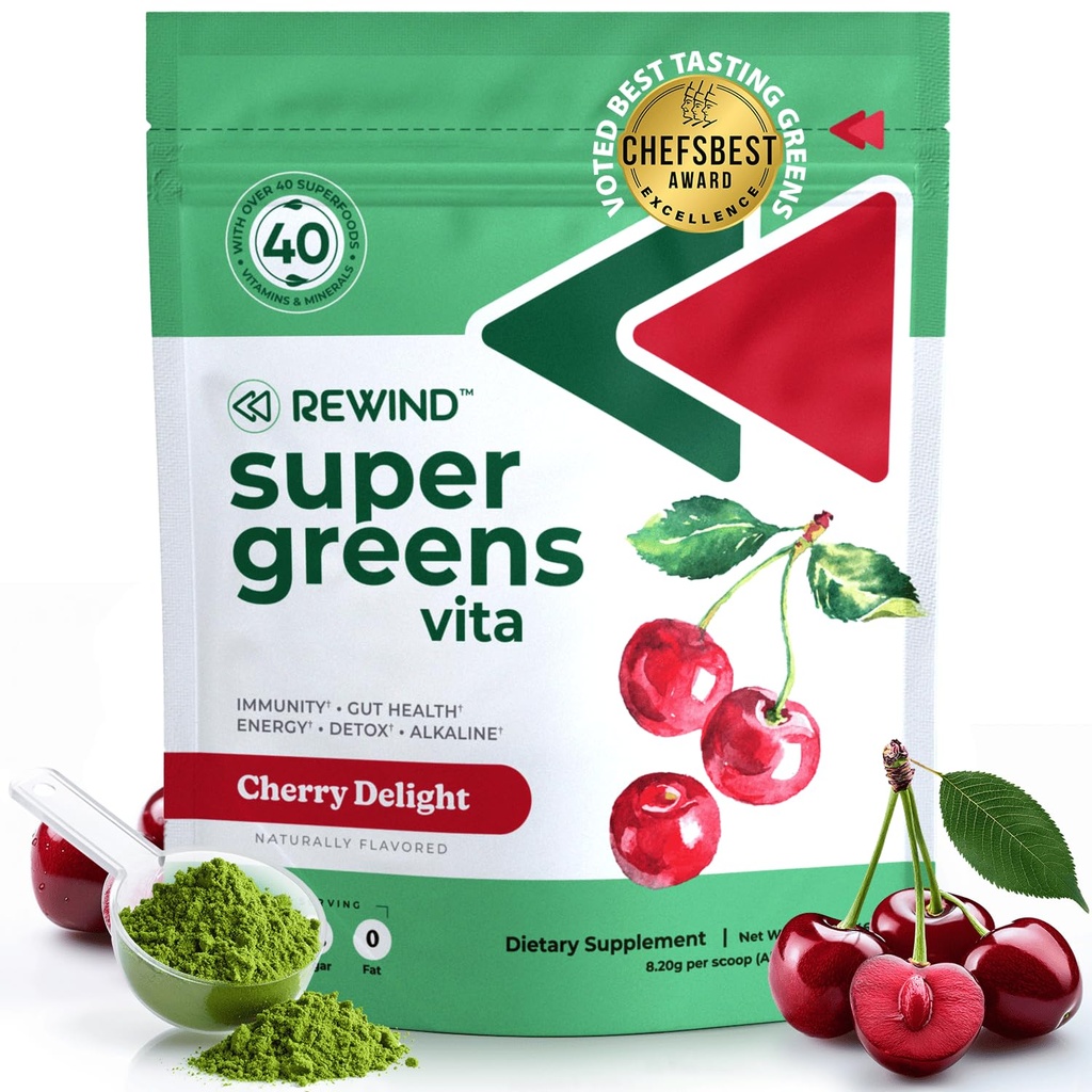 Najboljši okus Super Zeleni Powder s 40+ Superživila – okusno dnevno zelena Powder z vitaminom B12, cink, vitamin C, magnezij in kalcij – zelena sok Superfood Mix - Cherry Flavor
