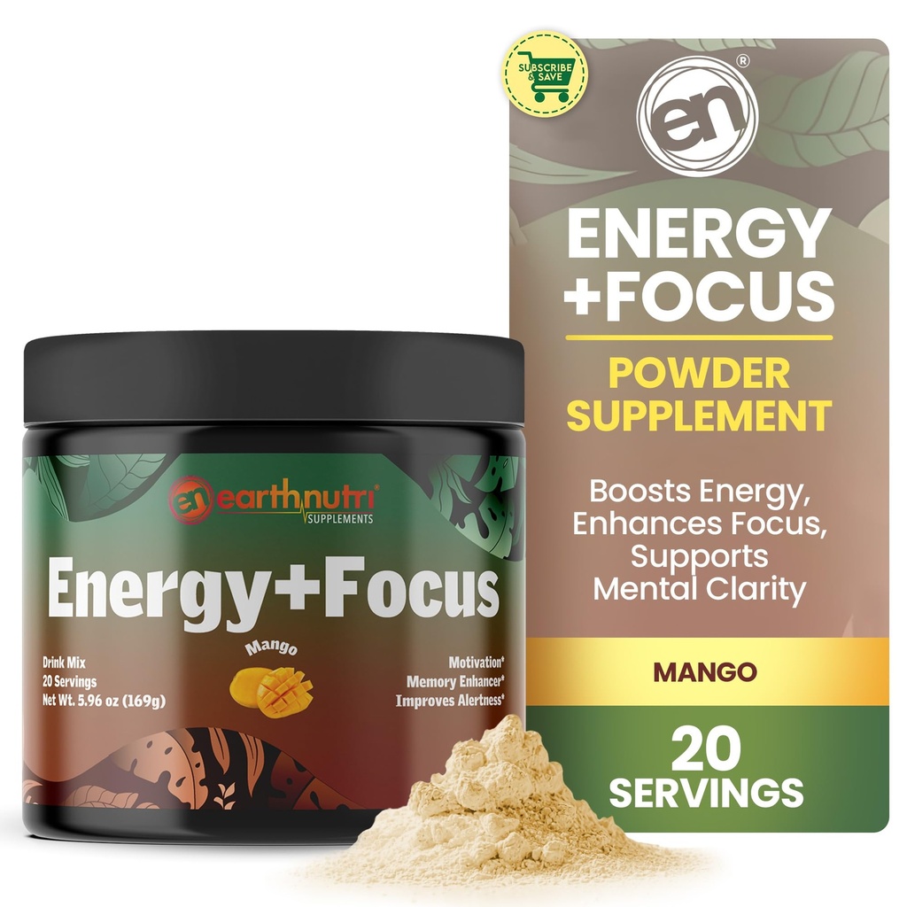 EarthNutri Energy + Focus Powder Supplement - Energy Boost & pomaga koncentracijo s PeakO2, AlphaSize, Cognizin, PurCaf, Theacrine, Acetil L-Carnitine L-Tirozin – Mango Flavor - 20 Servings (171g)