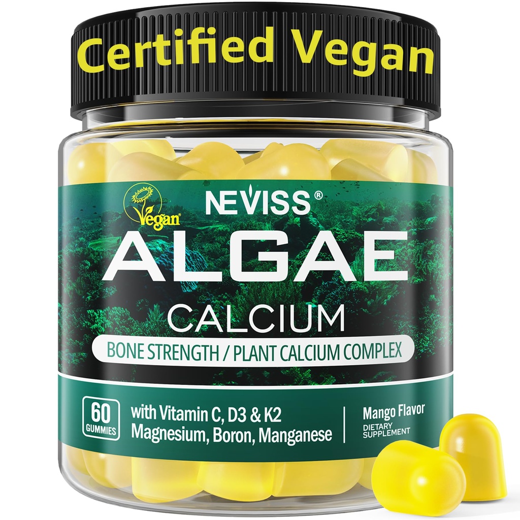 Kalcijevi gumiji za ženske + Magneisum Vitamin D3 K2, C, cink, boron, trajnostne alge (3. zabava testirana) za kosti moč, živec, kalcijev absorpcija, dodatek brez sladkorja kalcij, Vegan, 60 števk