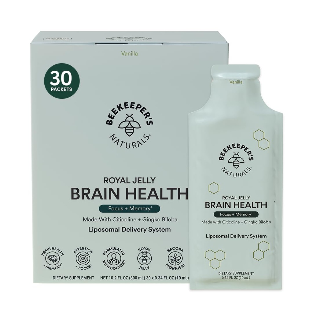 Nootropic Brain Supplement by Beekeeper's Naturals, 500mg Citocoline, Ginkgo Biloba, Bacopa Monnieri & Royal Jelly, podpira focus & Memory, lažje absorpcijo, Plus okusna Vanilla Flavor, 30ct
