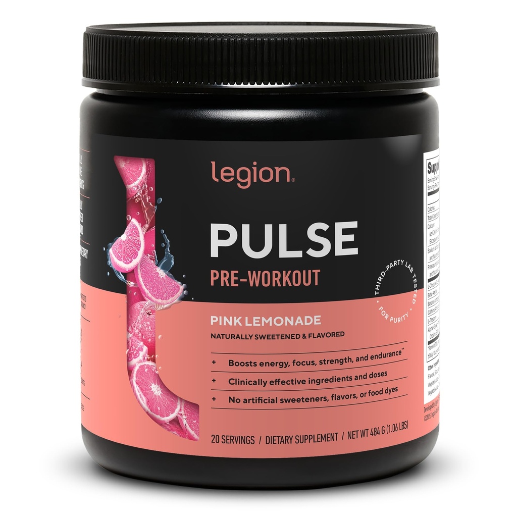 LEGION Pulse Pre Workout - Vse naravne dušikov oksid Preworkout pijača za povečanje energije, Kreatin brezplačno, naravno sladkana, Beta Alanin, Citrulin, Alfa GPC (Pink limonada)