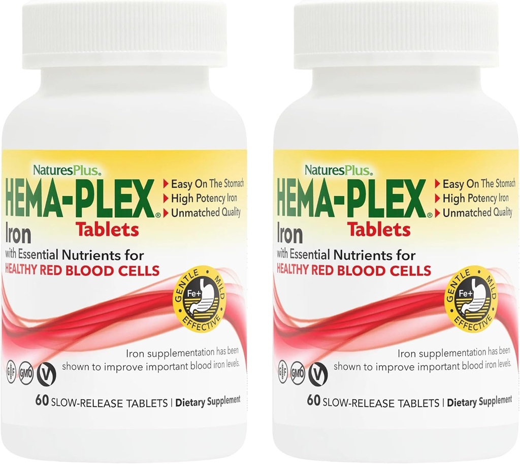 NaturesPlus hema-plex železo - 60 tablete za počasi sproščanje, pakiranje 2 - skupno zdravje krvi - 85 mg kelirano železo - z vitaminom C & bioflavonoidi - ne- gensko spremenjeni organizmi, vegetarijanski in gluten prosti - 120 skupno serviranje