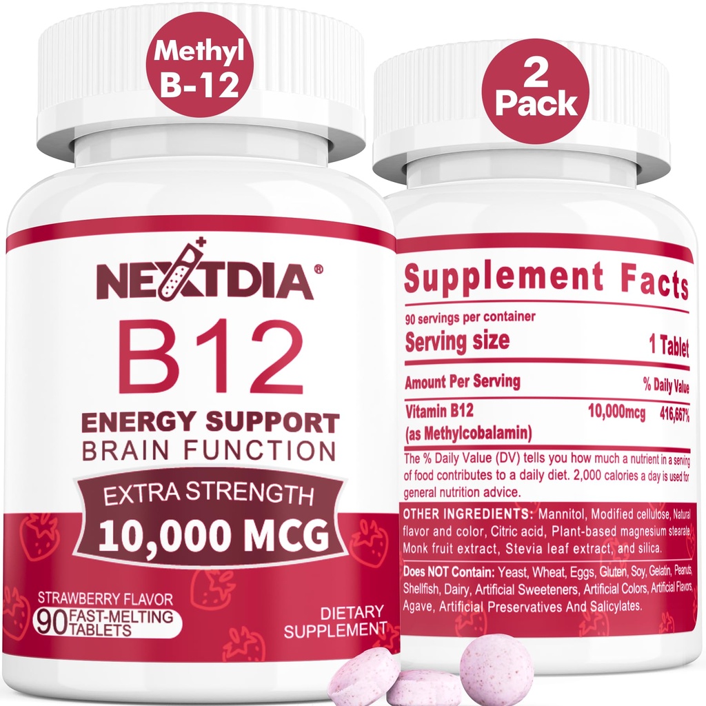 B12 Vitamini 10.000 mcg, metilirani vitamin B12 Podjezično – energijska okrepitev, fokus, Presnova in zdravje možganov, Podpora imunskega sistema, hitro raztapljanje, naravna jagodna aroma, 180 Serving