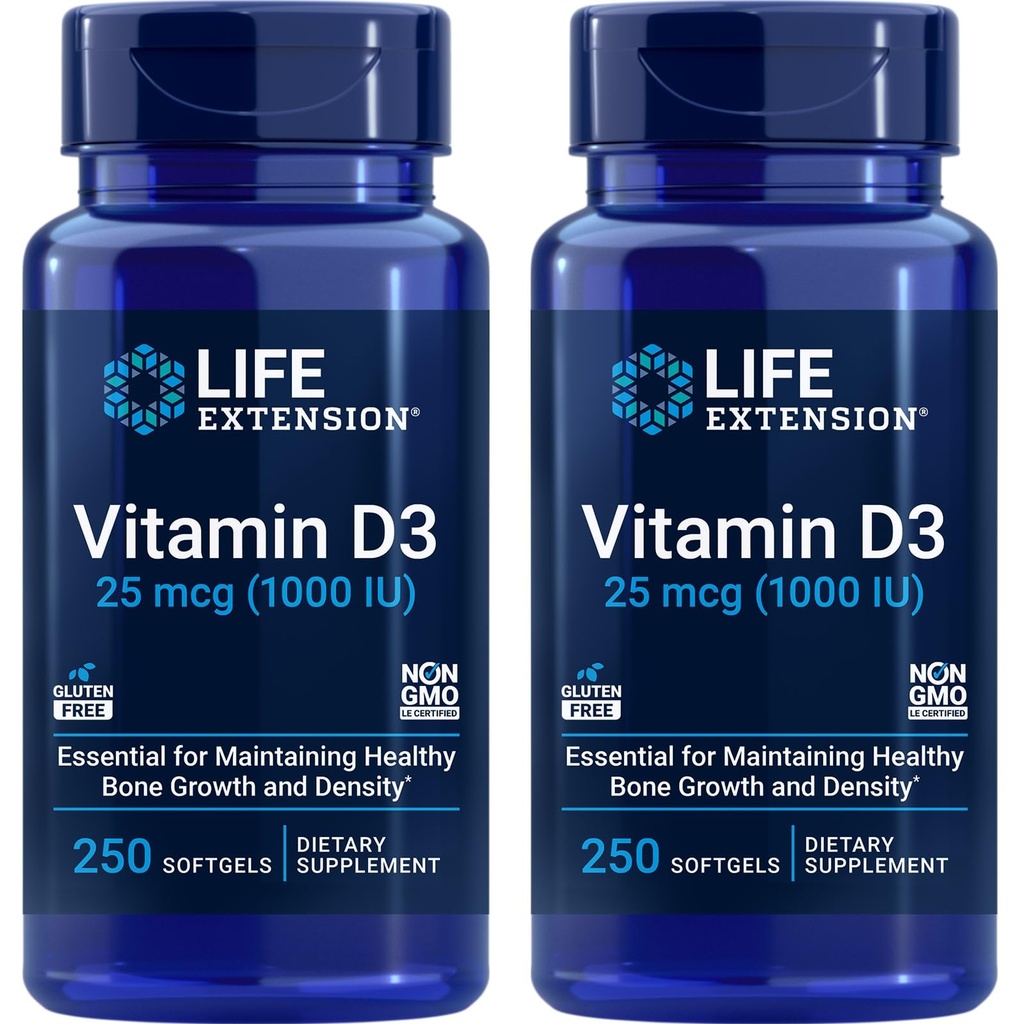 Life Extension Vitamin D3 25 μg (1000 i.e.), Podpora imunskega sistema, zdravje kosti, zdravje celega telesa, velikost vrednosti, Gluten-free, Non-GMO – Dvojno pakiranje - 2 x 250 kapsul