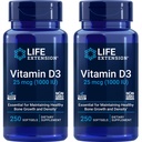 Life Extension Vitamin D3 25 μg (1000 i.e.), Podpora imunskega sistema, zdravje kosti, zdravje celega telesa, velikost vrednosti, Gluten-free, Non-GMO – Dvojno pakiranje - 2 x 250 kapsul