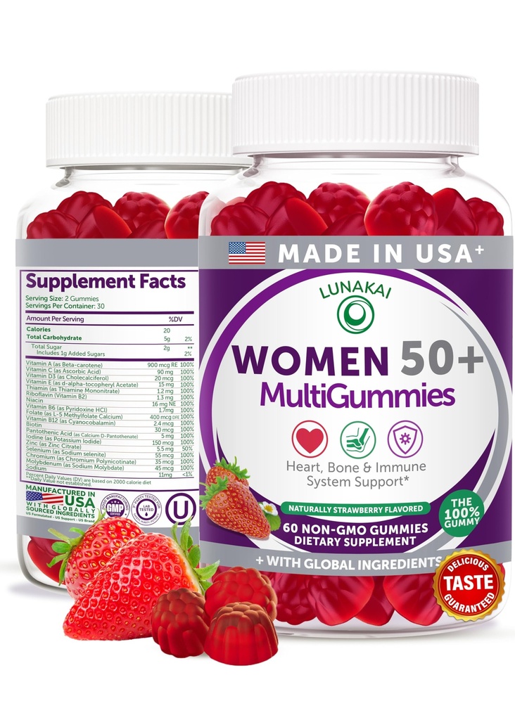 Lunakai USA Made 50 Plus Ženske multivitaminske žvečilke - Okusna Formula Okrepljena z Essential Vitamins & Minerals for Health & Vitality - 60ct