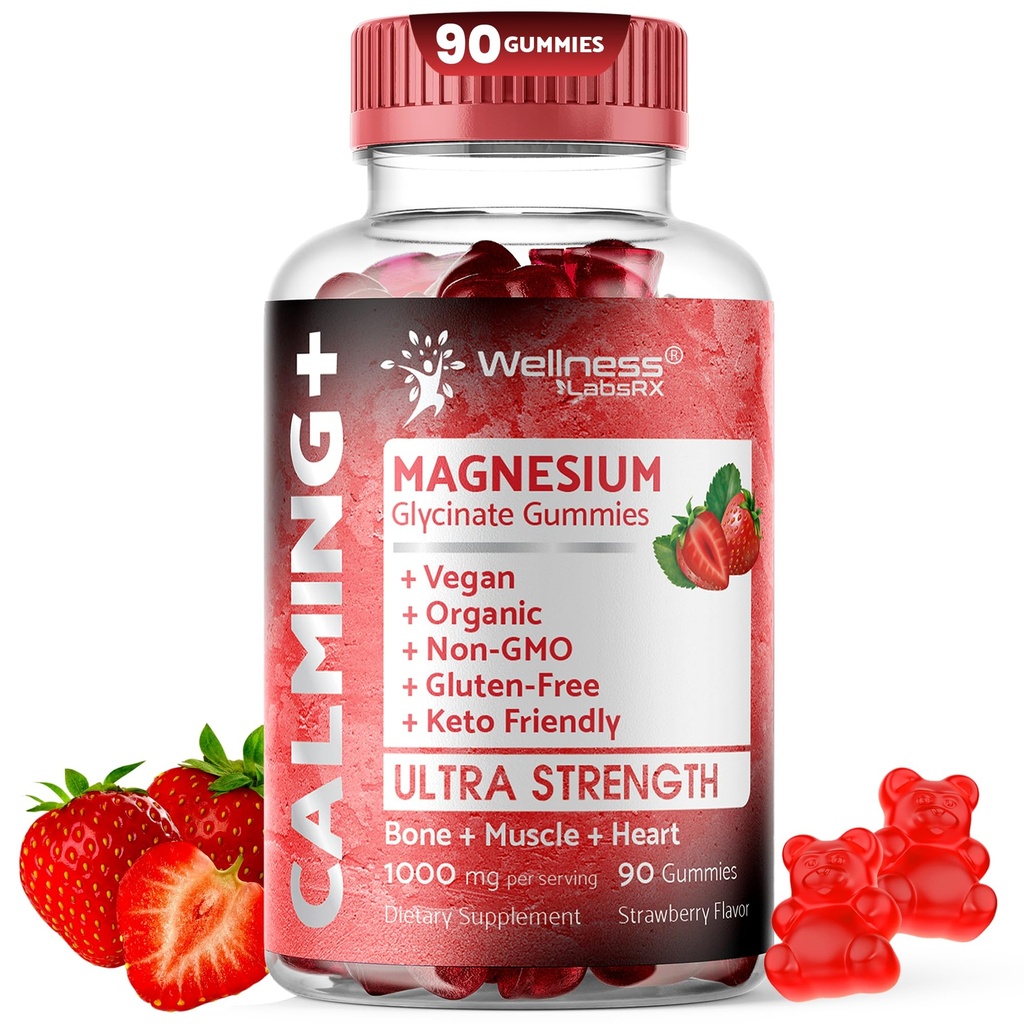 Magnezijev Glycinate Gumies, 1000 mg - Magnezijev dodatek za podporo relaksacija, zdravje srca - Žvečljivi Calm Magnesio Gumies za odrasle, Glicinato De Magnesio - Jagodna aroma