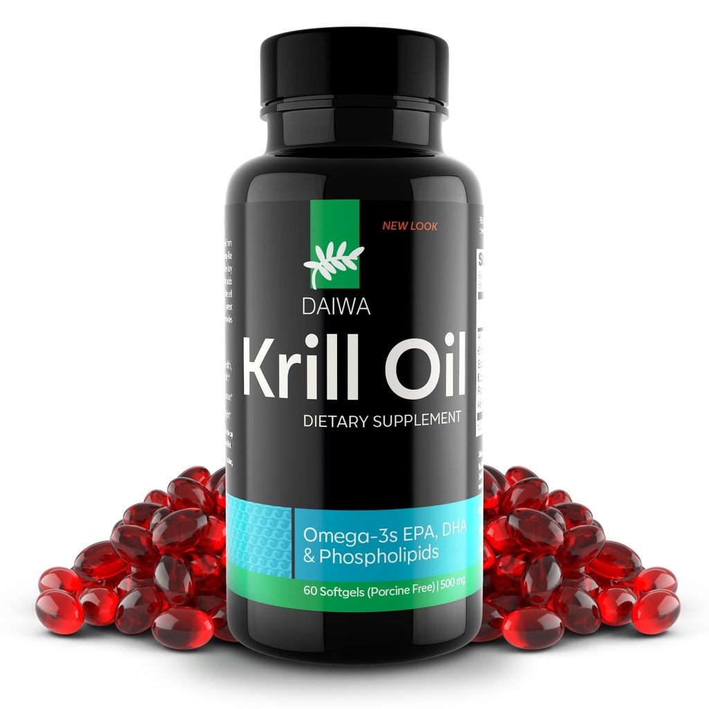 Daiwa Krill Oil 1000mg Softgels - EPA DHA Omega 3 Antarktika Krill Oil Supplement z Astaksantin - naravna rešitev za skupno, podporo možganov in zdravje srca - 60 / ct