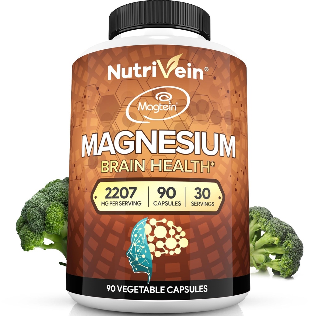 Nutrivein Premium Magnezijev L-treonat Dodatek 2207 mg - 90 Caps (3 a dan): Visoka absorpcija Magnezijev Treonat za možgane, spanje, Mood & Recovery