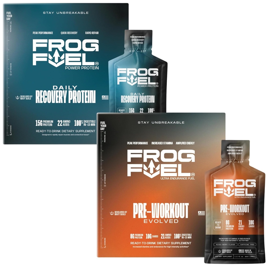 Žabji gorivni pogon Redni proteini & Ultra Pred treningom Shot Bundle, 1500mg Beta Alanine, 15g Beljakovine Nano-Hidrolyzed Grass Fed Collagen, Pred & Post Workout, 1.2 oz Packets, 48 Pack