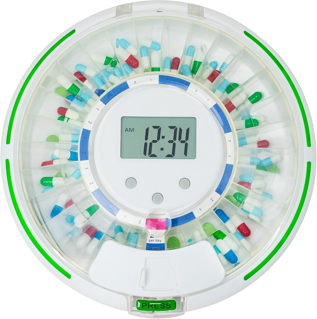 Samodejni razdelilnik tablet za starejše z alarmom, zaklenite 28-dnevno zdravilo Dispenser, 6 Predloge za odmerjanje, Zvok & Svetlobna opozorila in ključ za vitamine, dodatki (Clear Lid)