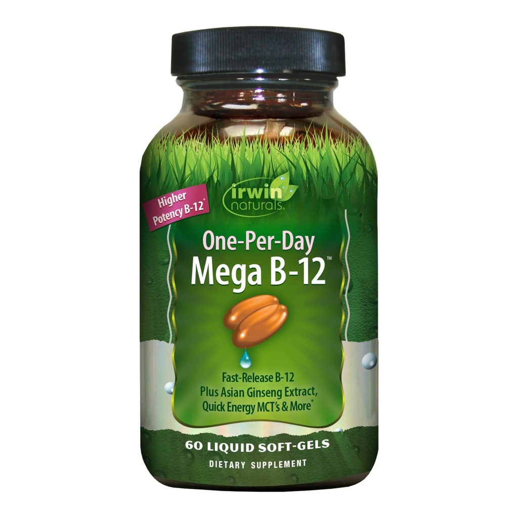 Irwin Naturals One-Per-Day Mega B-12 1.500mcg Visoka moč Metilkobalamin Vitamin - hitro izboljšana absorpcija z MCT + Asian Ginseng - Naravna energija Boost - 60 tekoči softgels