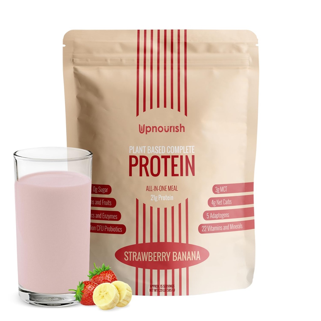 GorNavadna jagoda Banana Vegan Protein Powder 54 Superfoods Powder,1.5 Milijarda CFU Probiotiki 21g Rastlinske beljakovine, Brez sladkorja Brez mleka Brez GSO Mlečni izdelki, Zamenjava obroka Shake Keto-prijateljsko nizko ogljikovo dieto,15 Servisi